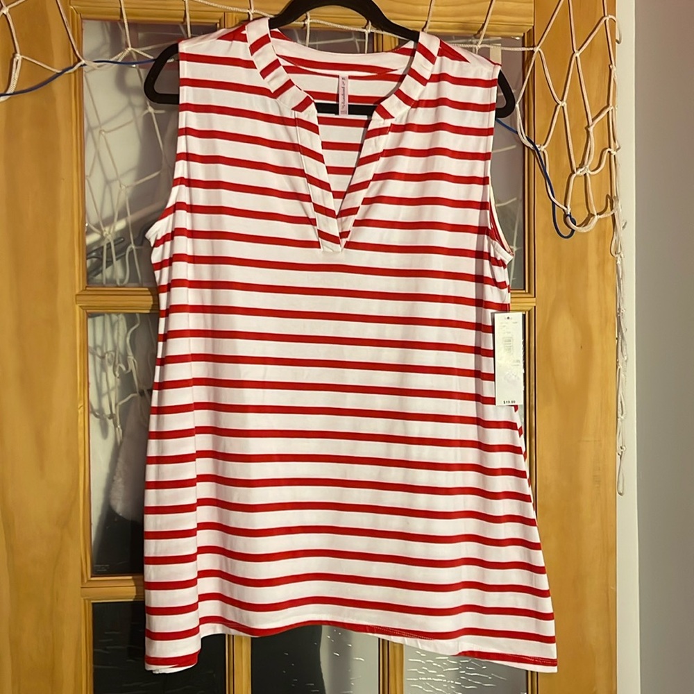 New red and white striped women’s shirt.